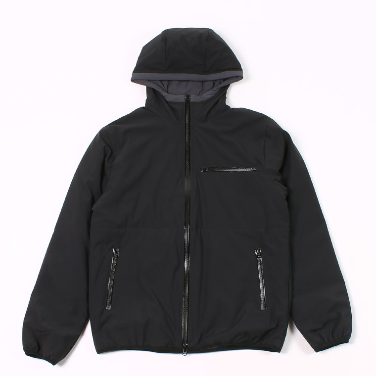PUFFBALL ZIP FRONT HOODED JACKET -  WATER REPELLENCY STRETCH NYLON - BLACK