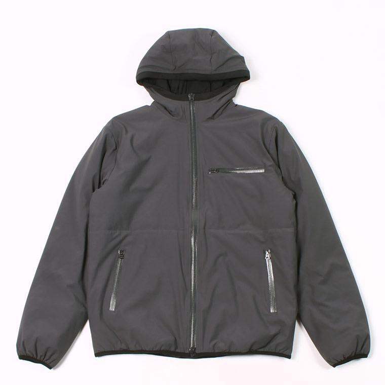 PUFFBALL ZIP FRONT HOODED JACKET -  WATER REPELLENCY STRETCH NYLON - CHARCOAL